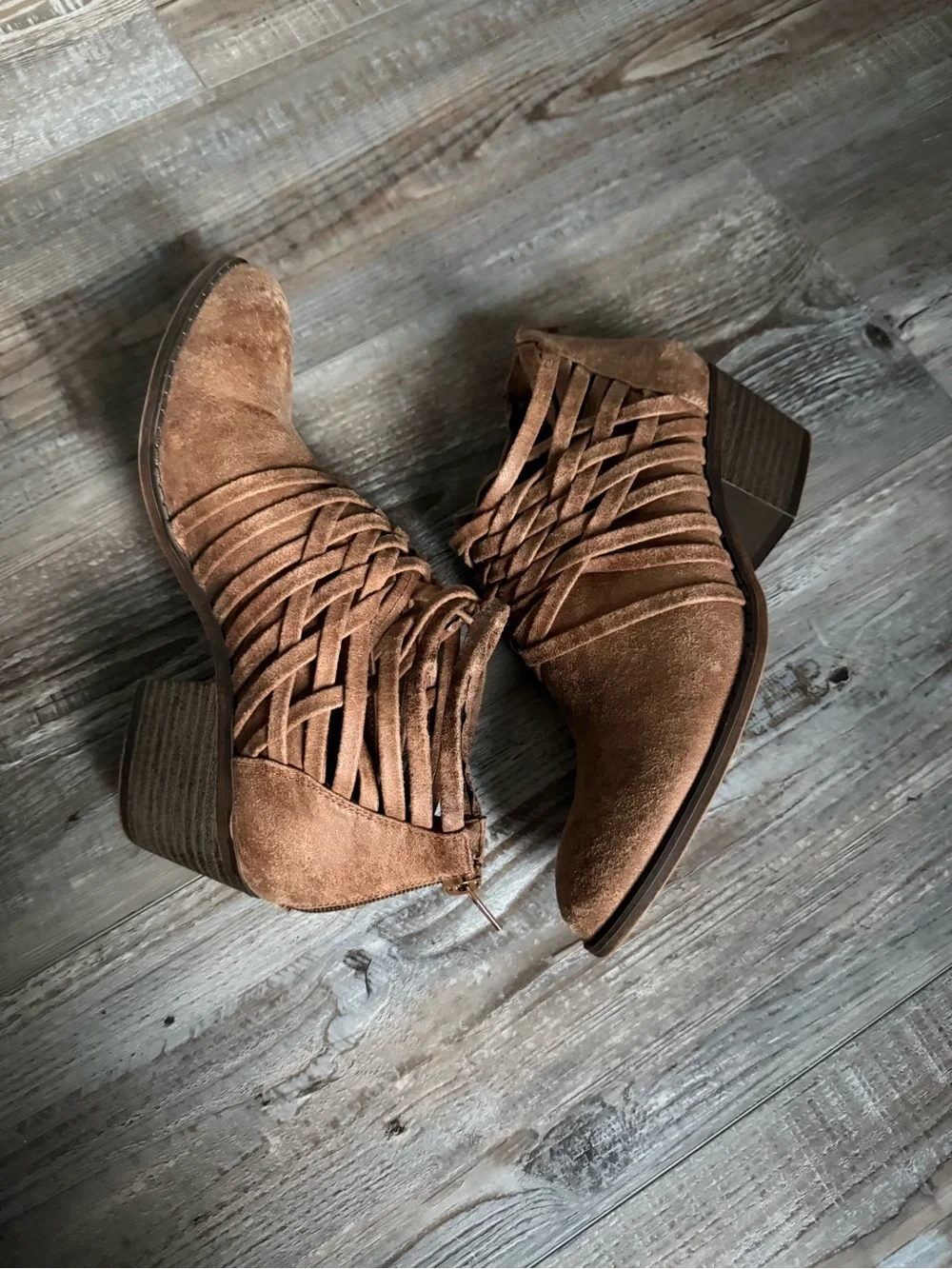 Women's Brown Suede Ankle Booties with Woven Side Detail